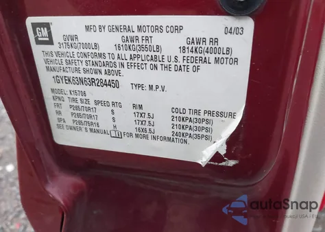 2003 Cadillac Escalade Standard z USA, uszkodzony, nr VIN 1GYEK63N63R284450